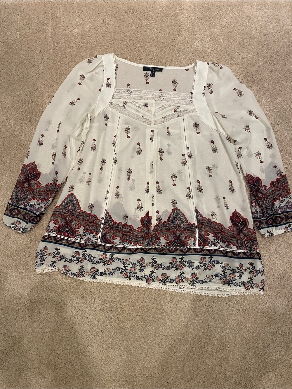 Riley + James sheer patterned longsleeve blouse with lacy trim, size L
